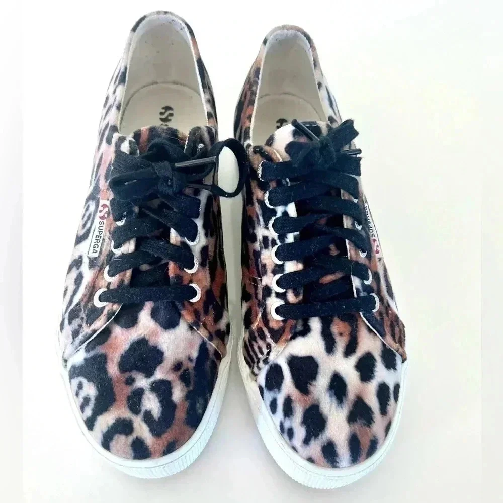 Superga Velvet Leopard Print Chunky Platform Lace-Up Sneakers Size‎ 39.5